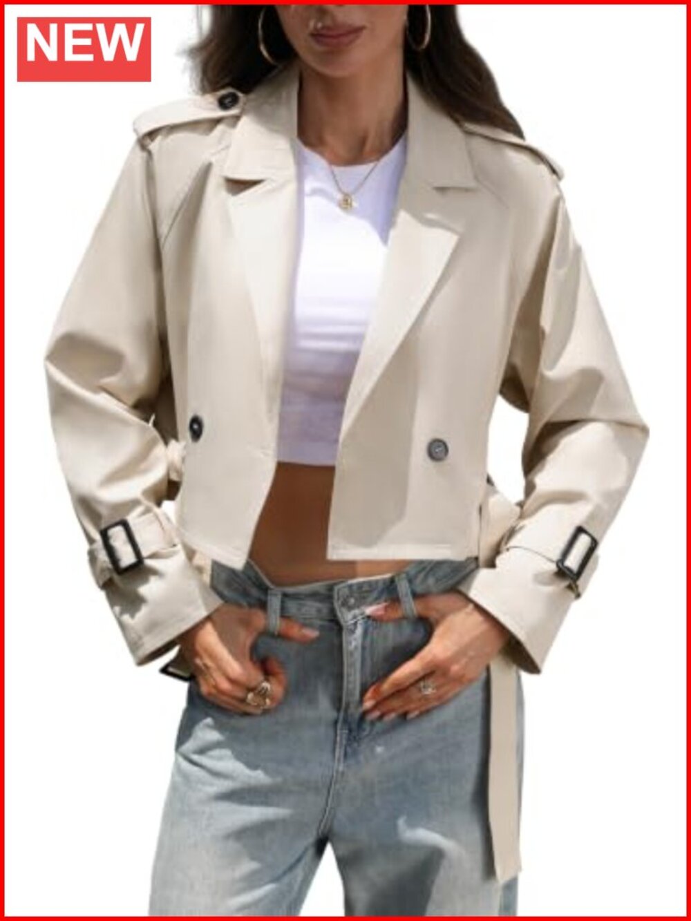 Cropped Trench Coat for Women Belted Short Lapel Jacket Long Sleeve
